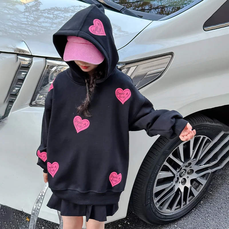 New Autumn Kids Child Heart Print Hoodie & Sweatshirts New Products for Tweens Girl High Fashion Streetwear Hooded Outfit 5-14Y