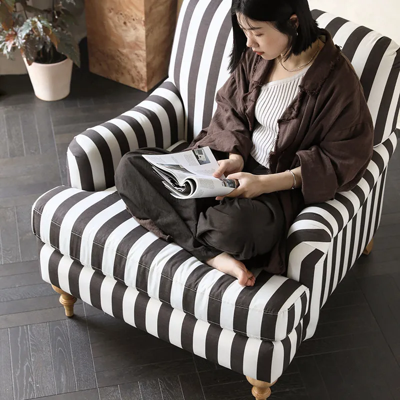 Nordic expression/French vacation retro Mediterranean/spring field cotton and linen striped fabric single sofa leisure chair