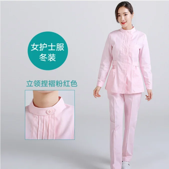 Nurses wear long-sleeved spring women's stand collar split suit powder green white beauty clothes pharmacy overalls