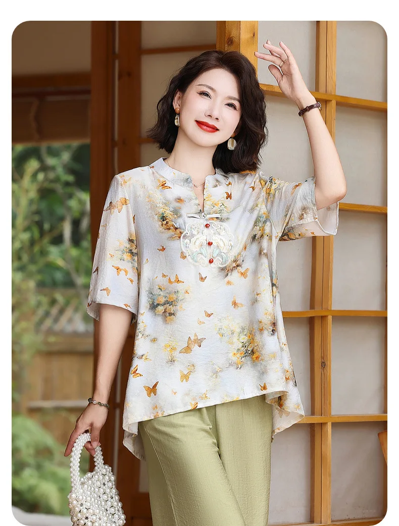 women fashion Chinese National style Mid sleeved T-shirt printed 2024 T-shirt short sleeved shirt