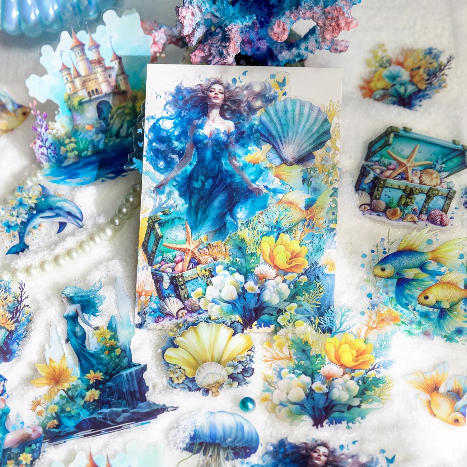 JIANQI 20 pcs PET sticker package ocean series Dreamlike watercolor mermaid ocean hand tent DIY decorative collage material