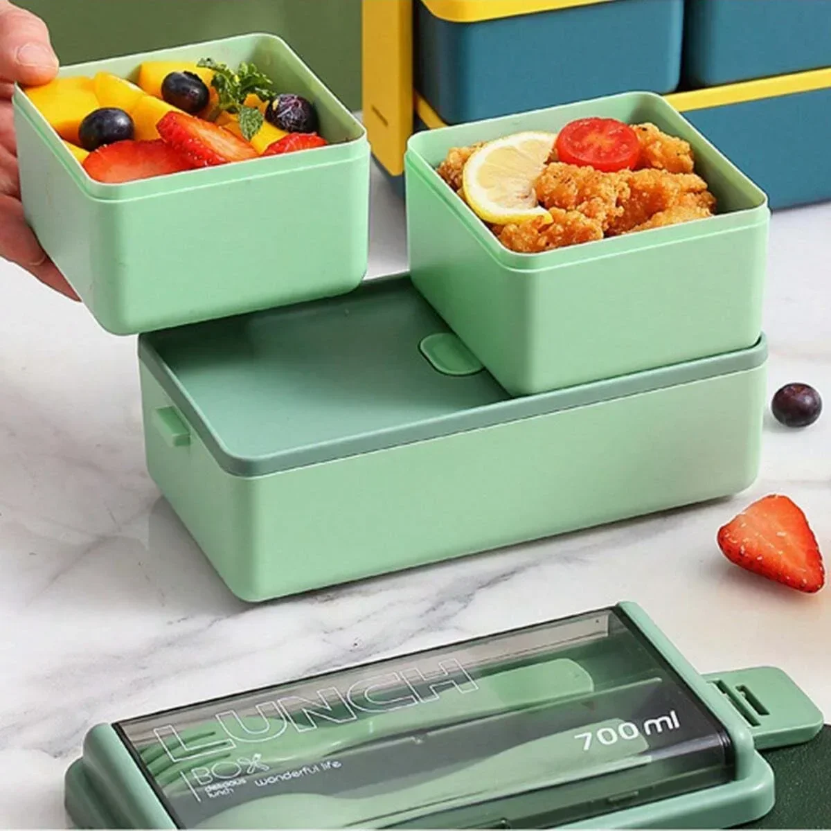 1Set-Double Layer Portable Lunch Box for Kids with Fork and Spoon Microwave Bento Boxes Dinnerware Set Food Storage Container