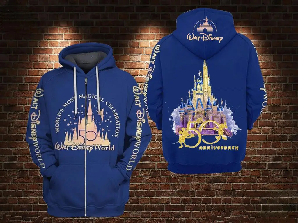 Jaket Hoodie Ritsleting 3D Disney Terbaik WDW Tanggal Ulang Tahun Ke-50 Kartun Jaket Hoodie 3D Disney