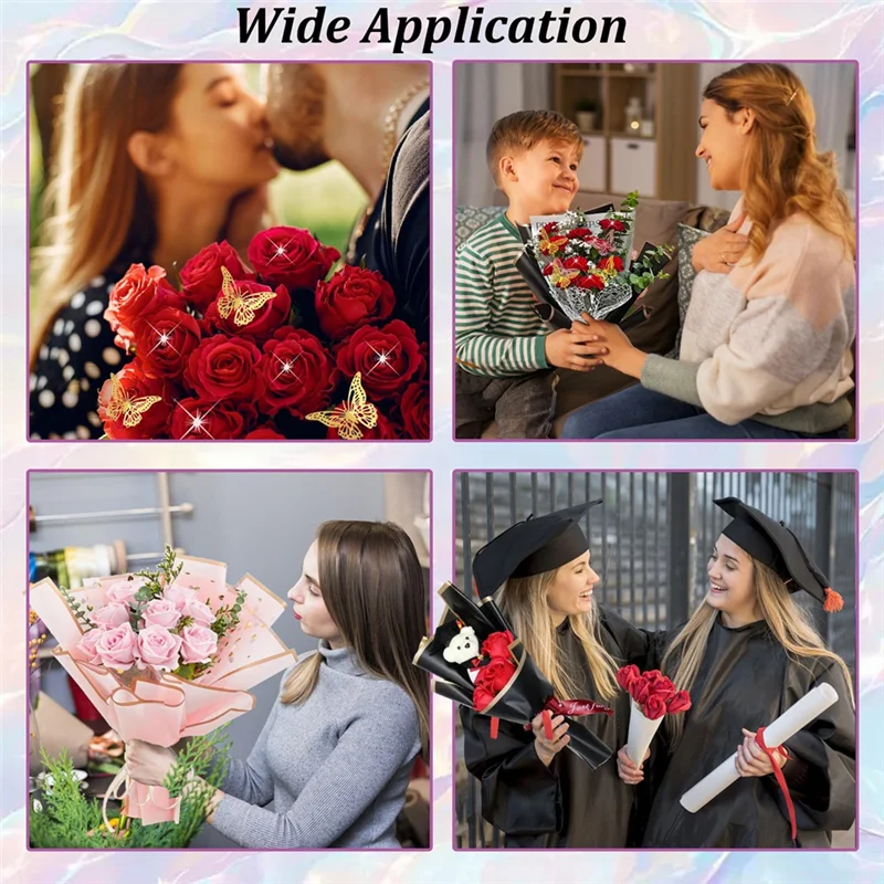 A59E-200Pcs Flower Wrapping Paper Kit, 40 Sheets Waterproof Flower Wrapping Paper, Black & Pink Floral Bouquet Wrapping Paper