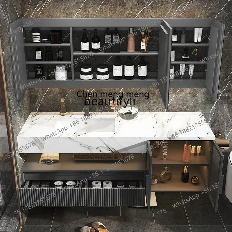 New Arrivals Q Light Luxury Solid Wood Stone Plate Whole Washbin Bathroom Cabinet Combination Bathroom Table Wash Basin Cabinet