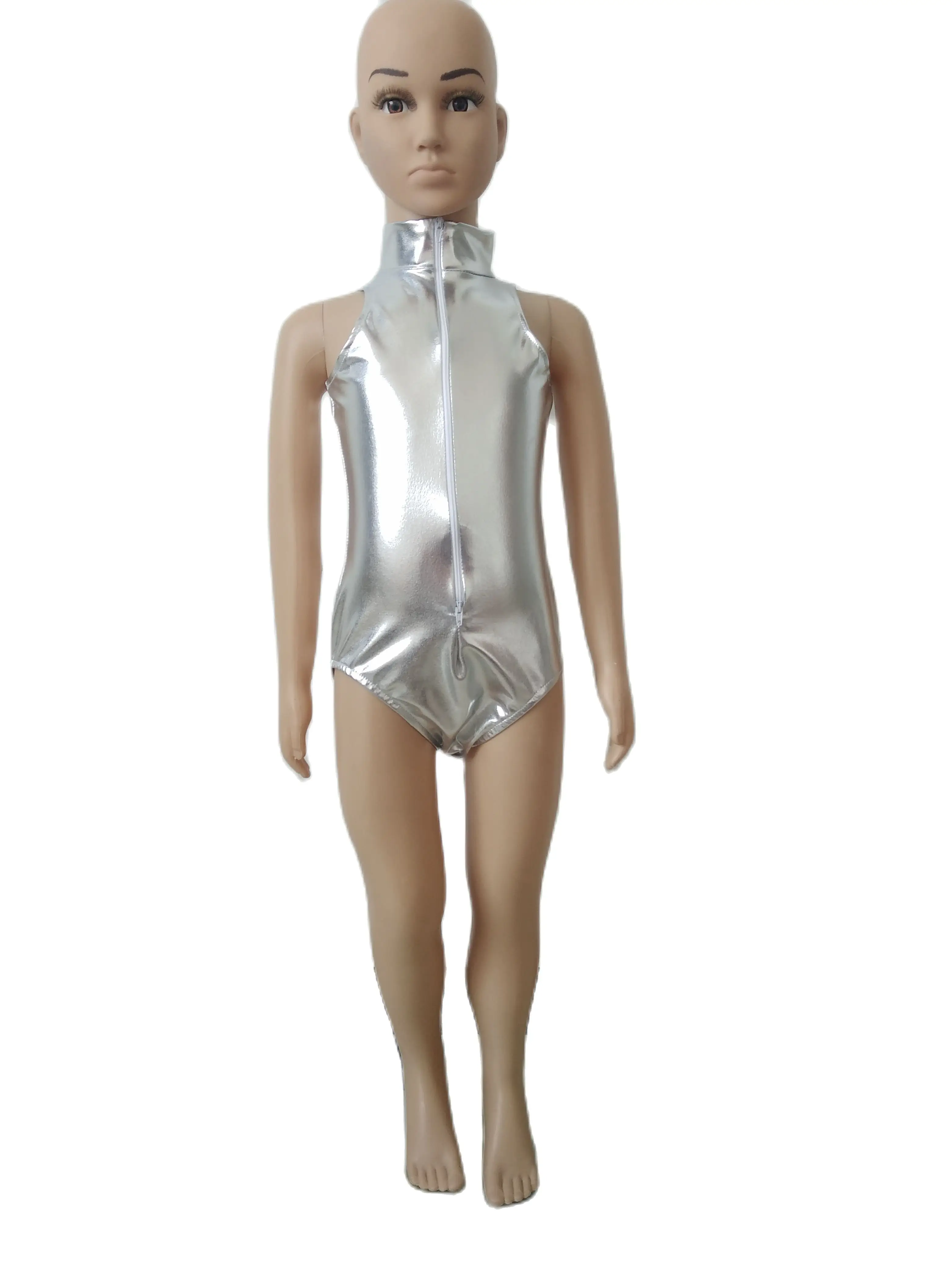 Kids Twee Afmetingen Leuke Zus Open Borst Dubbele Rits Badpak Half Bodysuit Catsuit Kostuums Glanzend Metallic Zentai Spandex