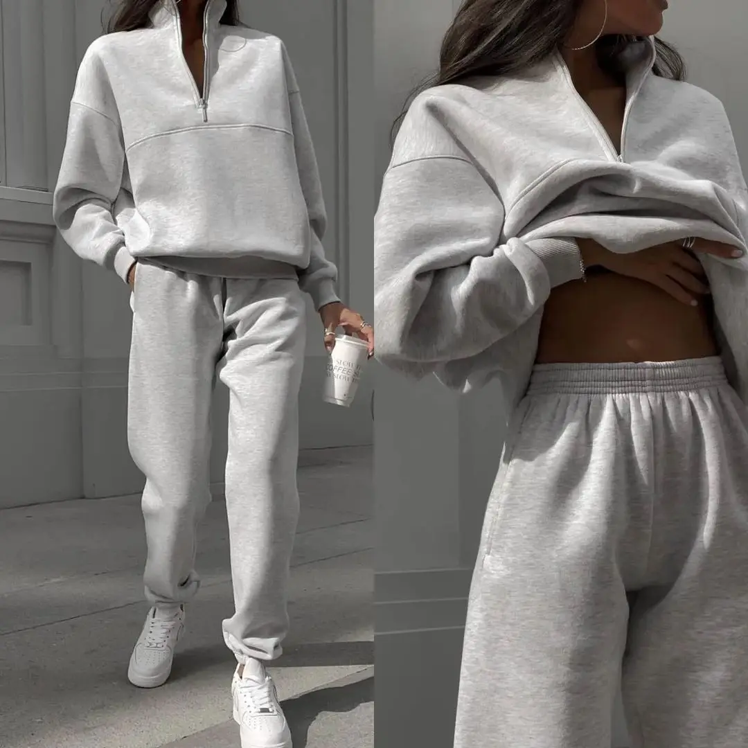 

Women's Sports Suits 2025 Autumn Winter Latest Versatile Solid Thick Long Sleeved Zipper Sweatshirt Pants Set Two Piece Set