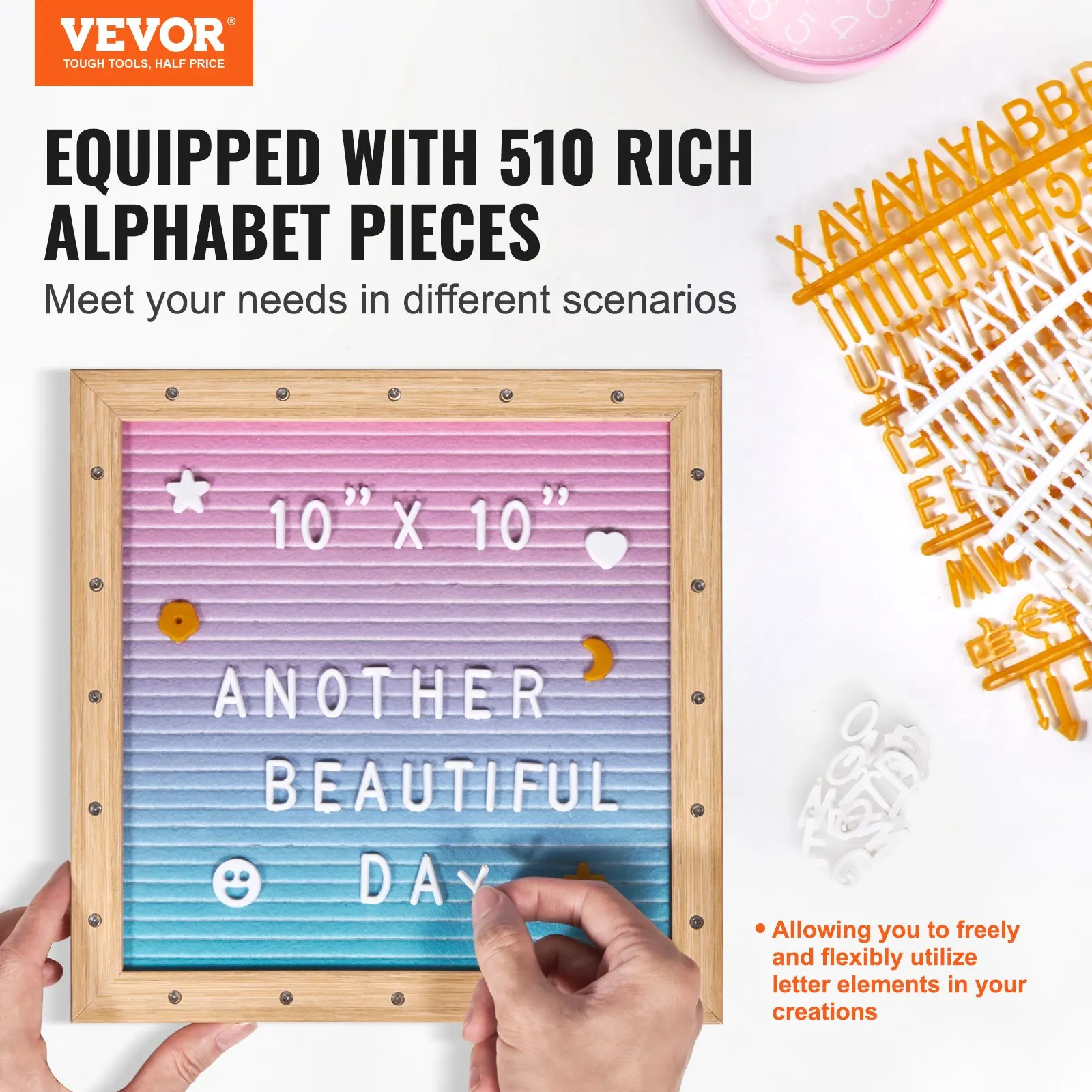 Filz-Buchstabentafel mit Farbverlauf, Filz-Nachrichtentafel, austauschbare Schilder mit 510 Buchstaben, Ständer und integrierten LED-Leuchten