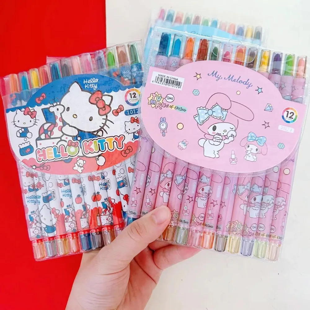 12pcs/Set Children's Drawing Crayons Kawaii Kuromi Melody Cinnamoroll Hello Kitty Student Art Sketching Drawing Supplies