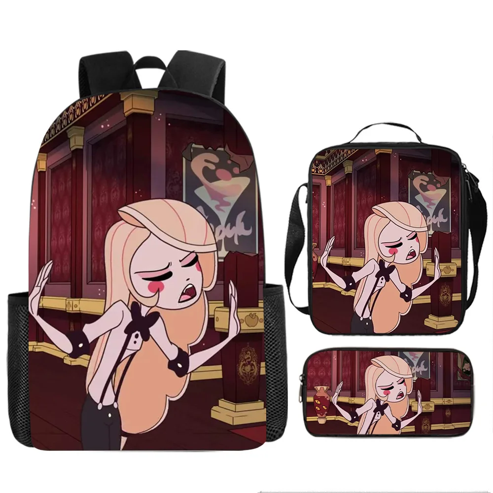 Hell Inn Peripheral Elementary and Middle School Students Backpack Cartoon Three-piece Set Shoulder Bag Pencil Case Mochila