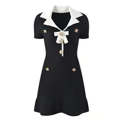 Quality Summer Fashion Diamonds Bow Beaded Knitting Sweater Dress Women Lapel Collar Black White Mini Short Dresses Lady