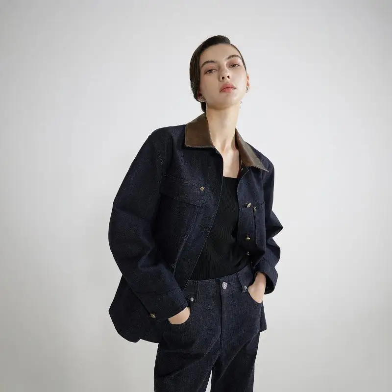 

Retro Workwear Denim Cotton Jaet with kets Women's Collar Stand Color Blo Long Sve Regular Fit Button Closure Coat