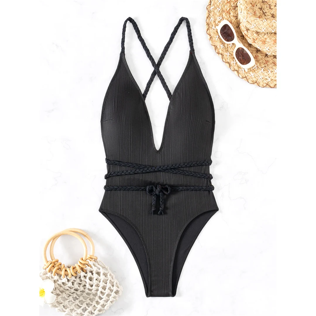 Einteiliger Badeanzug mit tiefem V-Ausschnitt und überkreuztem Rücken, Damen-Badebekleidung, Monokini mit hohem Beinausschnitt, Badeanzug, Badebekleidung, V5613 – Detail 10