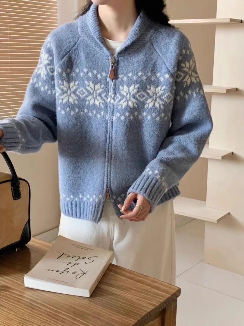 

Blue Soft Cozy Korean Sle Sweater Nordic Retro Fair Isle Autumn New Ins Wind Open Cardigan Outerwear for Women Straight Tube