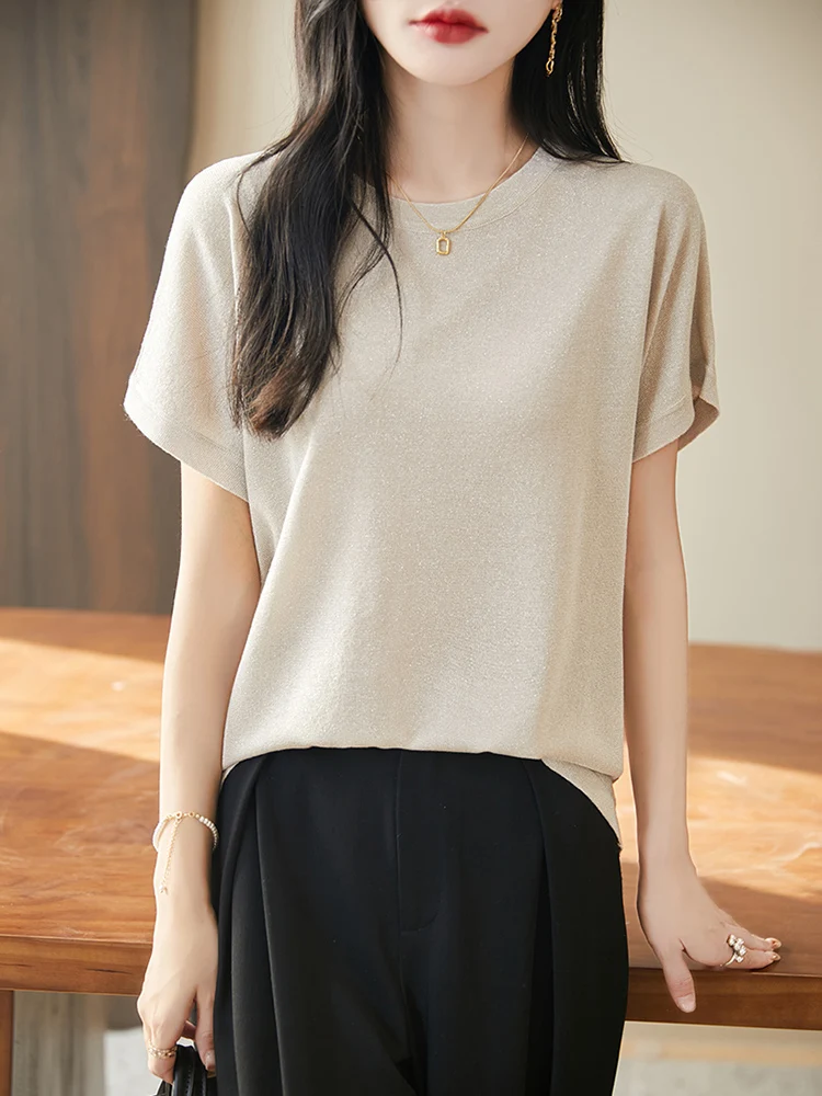 Injet camiseta de malha de seda gelo feminina verão novo redondo ne leve respirável faionable ort sve corte reto