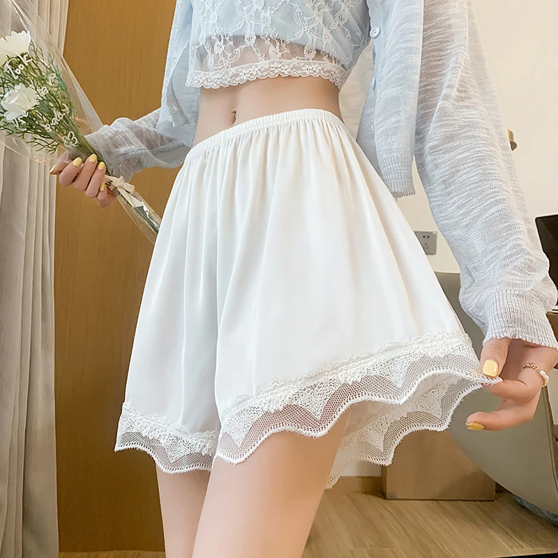 Summer Ice Silk Lace Stitching High Waist Casual Home Loose Shorts For Women