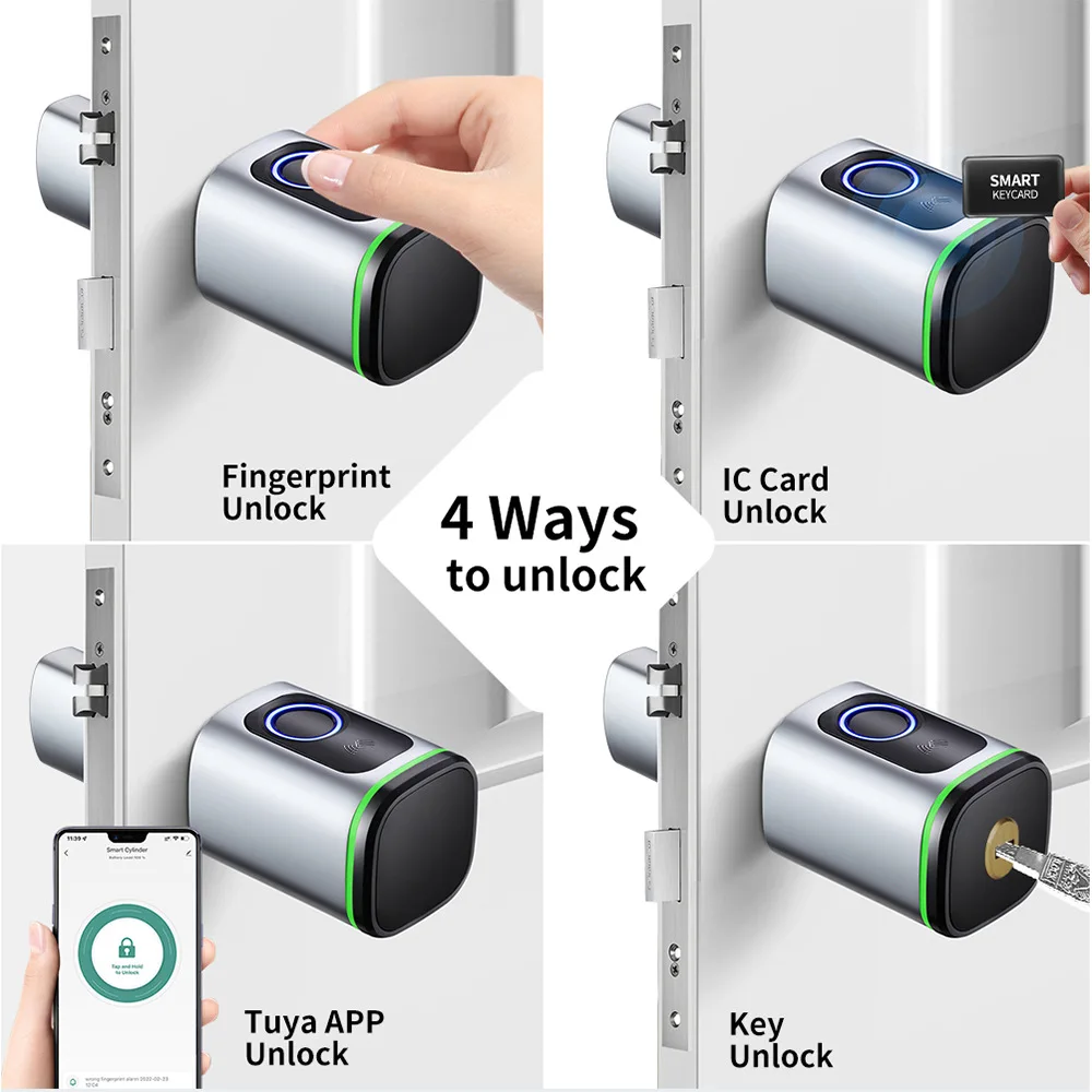 Tuya BLE Cylinder Lock Biometric Fingerprint Bluetooth TTlock APP IC Card Keys Unlock Digital Keyless Smart Electronic Door Lock