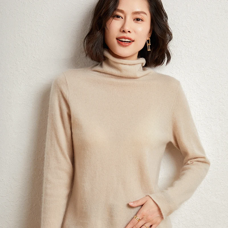 100%Merino Pure Wool Sweater Women\'s AutumnWinter Long Sleeve High Neck Pullover Warm High Quality Solid Color Basic Knit Jumper