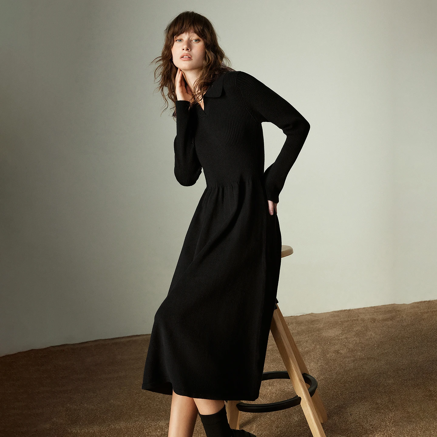 TOYOUTH Women Dresses 2025 Winter New Base-Layer Black Dress Slim-Fit Figure-Flattering Office Knitted Dress
