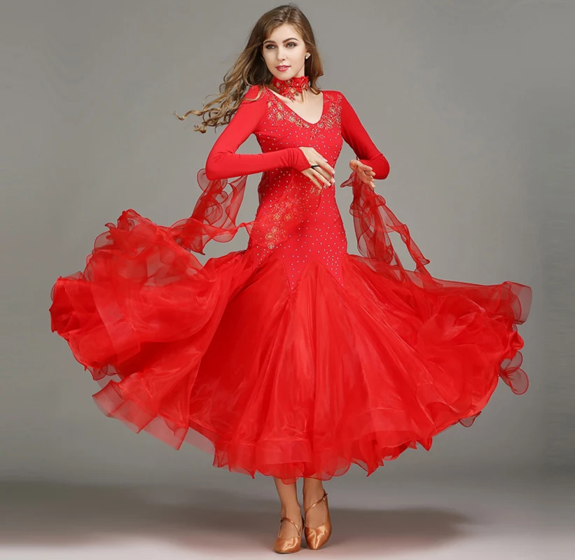 National Standard Women Ballroom Dance Dresses Top Grade Evening Party Costume Dancing Practice Wear Spandex Lycra Long Dress