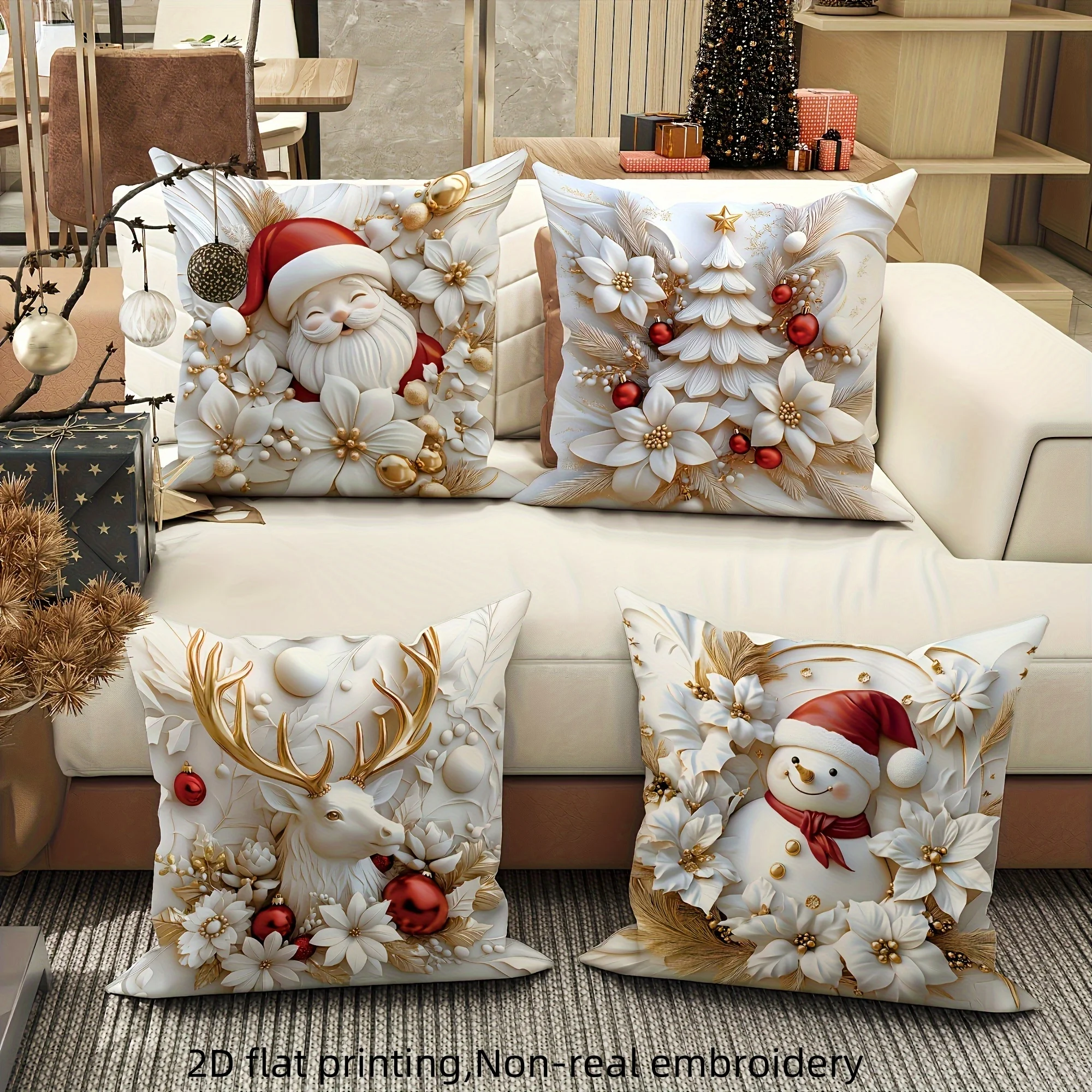 4pcs White Gold Christmas Pillow Covers, Santa Reindeer Snowman Print, 2D Flat Polyester, for Luxurious Living Room Decor