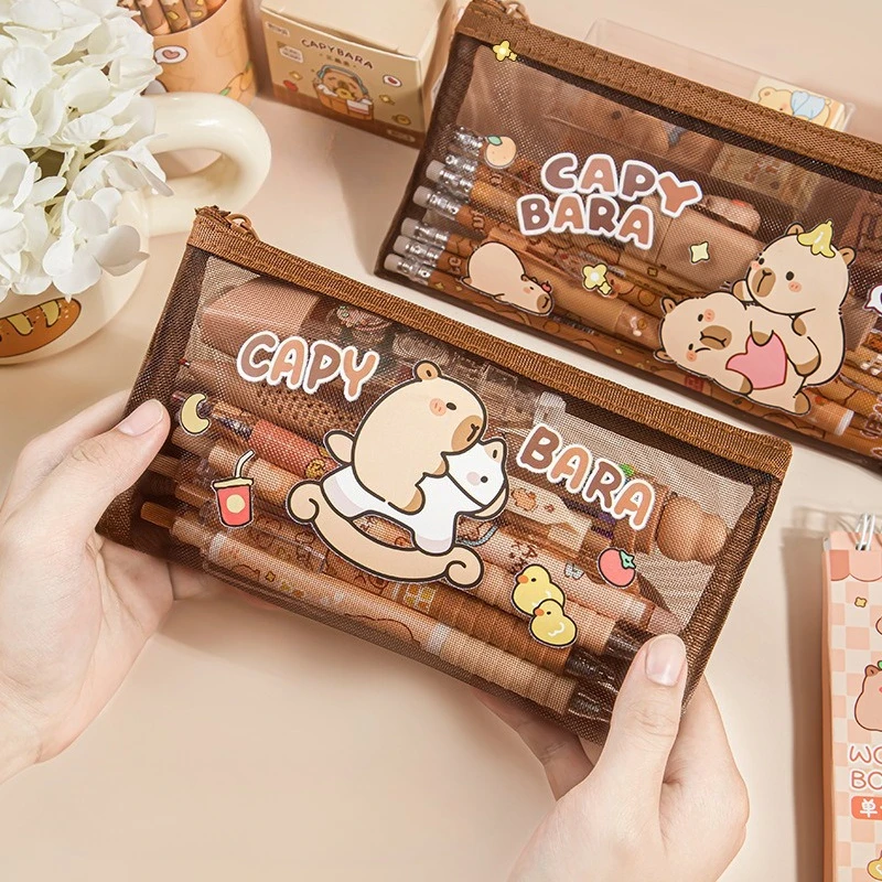 

6pcs Cute Capybara Transparent File Bag Large Capacity School Office Organizer Portable Document Storage Bags Travel Accessories