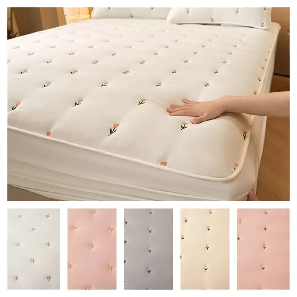 

Thickened Mattress Cover Quilted Embroidered Bed Cover Single Queen King Size Mattress Pad Cotton Fitted Sheet Home Bedspread