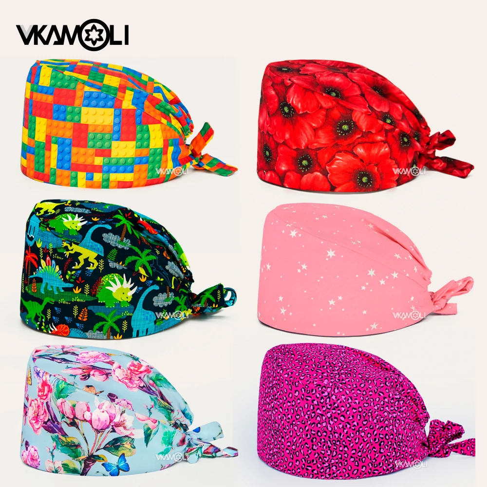 Gorroicos การ์ตูนการพิมพ์ขัดหมวกศัลยกรรมหมวกพยาบาลขัดหมวกคลินิกสัตว์เลี้ยงทํางานหมวกทางการแพทย์หมวกขัด