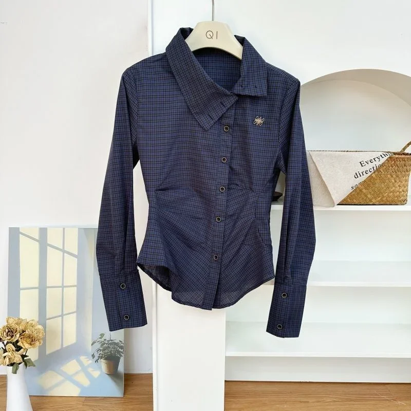 

2025 Autumn New Slim Fit Versatile Top American Retro Lapel Plaid Pinch Waist Long-sleeved Shirt for Women