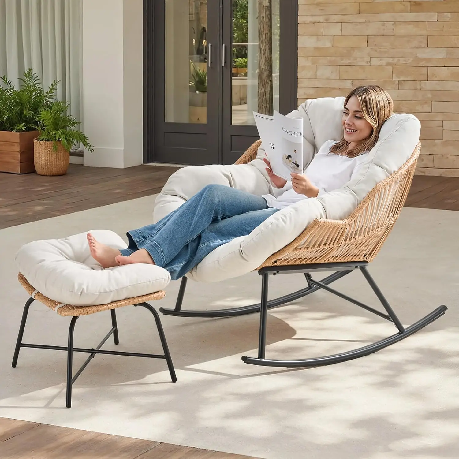 Indoor/Outdoor Living Room Rocking Chair with Ottoman, Padded Cushion, Cream White, Oversized Papasan