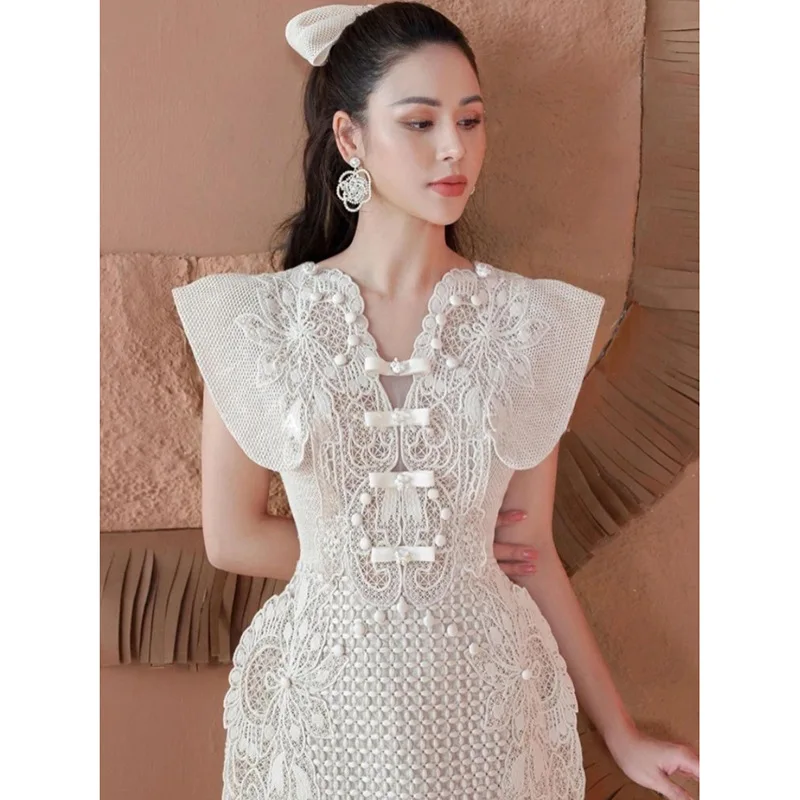 French Fashion Elegant Lace Embroidery Stitching Beaded Button V-neck Sleeveless High Waist A-line Evening Short Dress Women