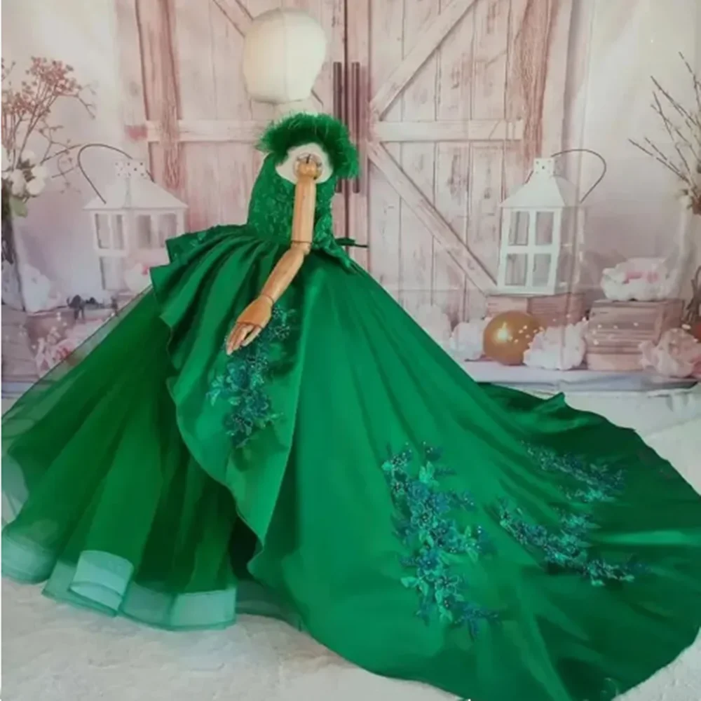 녹색 꽃 소녀 드레스 Tulle 레이스 Appliques 결혼식을위한 민소매 드레스 생일 파티 아기 귀여운 맞춤형 볼 가운