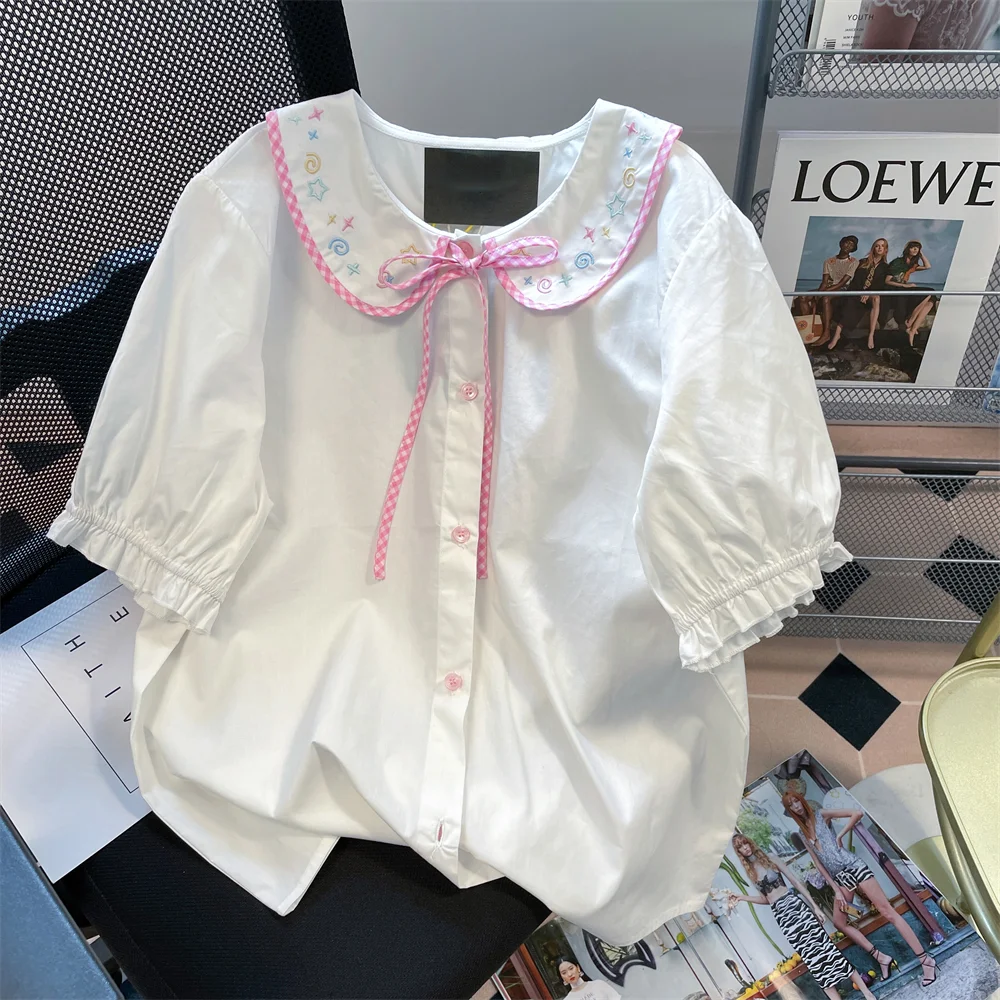 Cute Refreshing Oversized Shirts Summer Simplicity Sweet Patchwork Turn-down Collar Short Sleeve Blouse Women Clothes Bow Tops