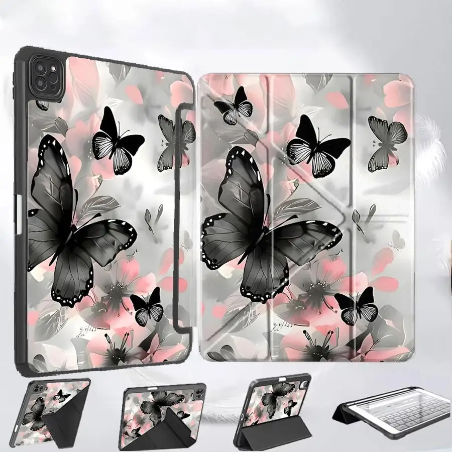 

Чехол-подставка для планшетов iPad Pro 11-го, 10-го, 9-го, 8-го, 7-го поколений, 12.9-дюймовый Pro 2025, Mini 6, 7, Air 4, 5, M3, M2, M4, 11-дюймовый, черный, с рисунком бабочки