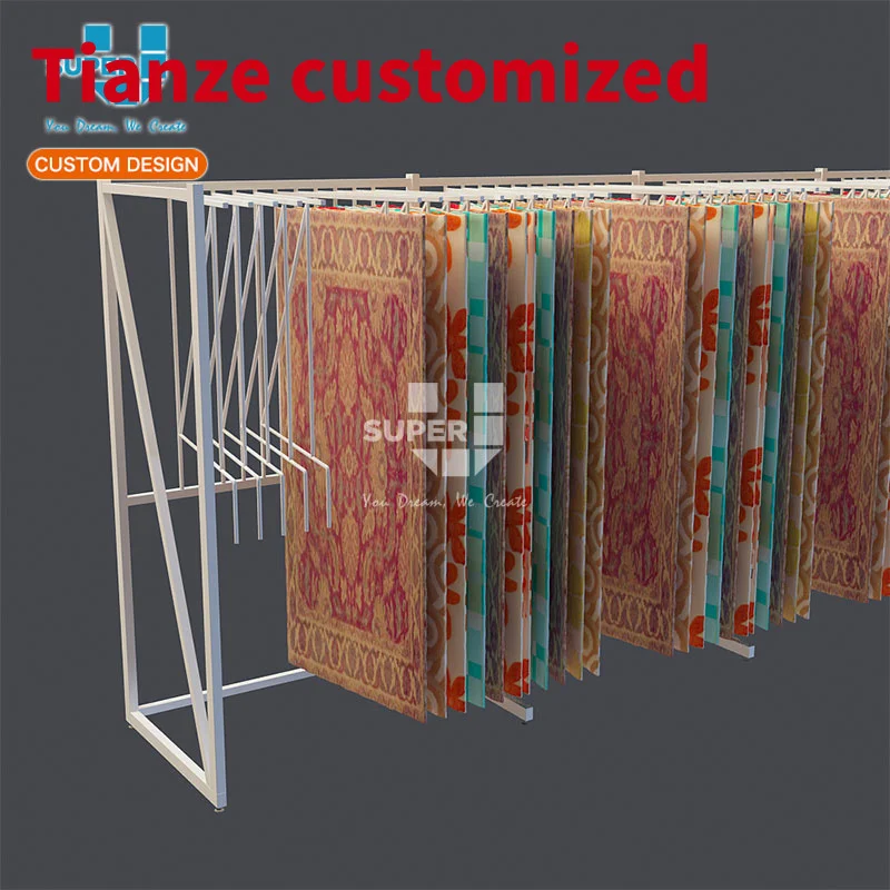 

(customized)Metal Rug Stand Display Rug Rack Beautiful Design with Arms Push Hanger Rug U Display Custom Wood Cu