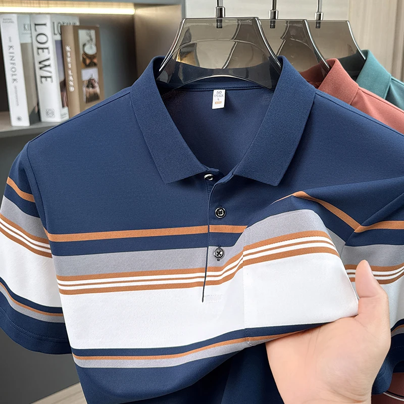 Fashion striped color blocked short sleeve polo shirt high-quality men's new comfort pocket T-shirt summer breathable casual top