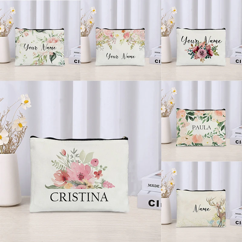 Custom Name Florals Travel Makeup Organizer Cosmetic Bag Women Teacher Gift Bridesmaid Clutch Luxury Canvas Ziplock Side Bag