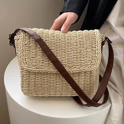 Słomkowa torba Crossbody dla kobiet tkana torebka rattanowa Vintage kwadratowa torba na ramię Raffia torebka na telefon nowa 2024 damska torba