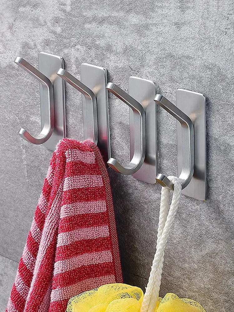 4 ชิ้นหมวกผ้าเช็ดตัวแขวนกระเป๋าประตูห้องนอนห้องครัวสแตนเลสห้องน้ํา Heavy Duty Self กาวตะขอติดผนัง