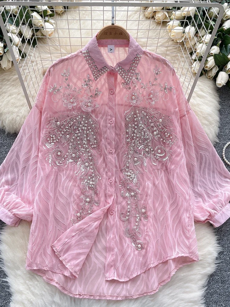 

Pop Women White Shirt Sequin Embroider Diamonds Thin Casual Tops 2025 New Spring French Heavy Industry Lantern Sleeve Blouse