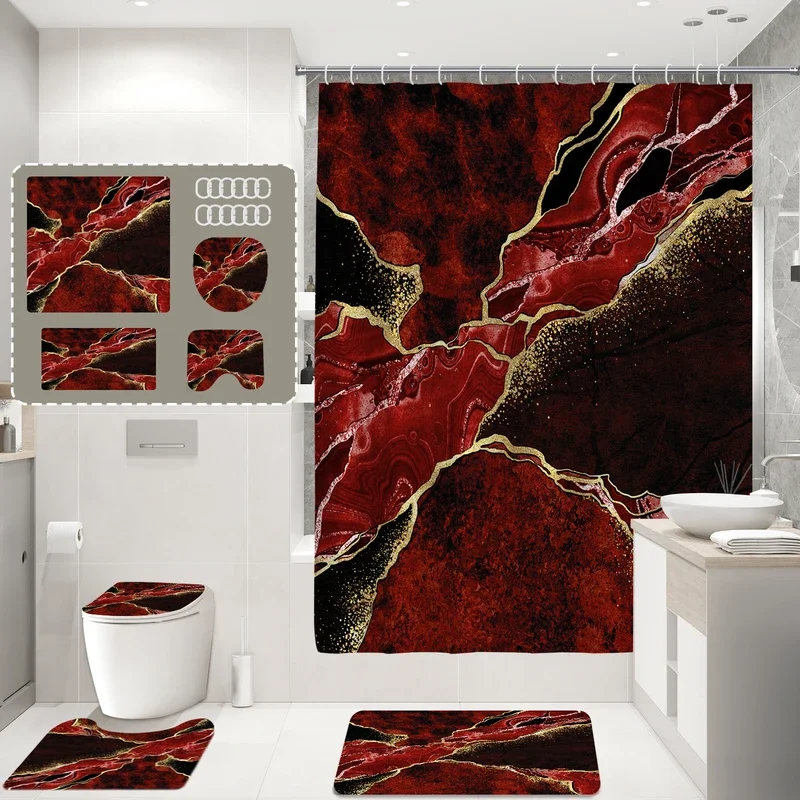 flowing gold wave marble shower curtain set, classic bathroom décor, carpet and toilet seat, flowing gold luxury texture