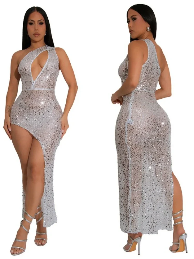 

Glitter Women's Cut-Out Golden Sequins Long Dresses Glam Irregular Sequin Embellished Party Dresses Birthday Outfits 2025 New