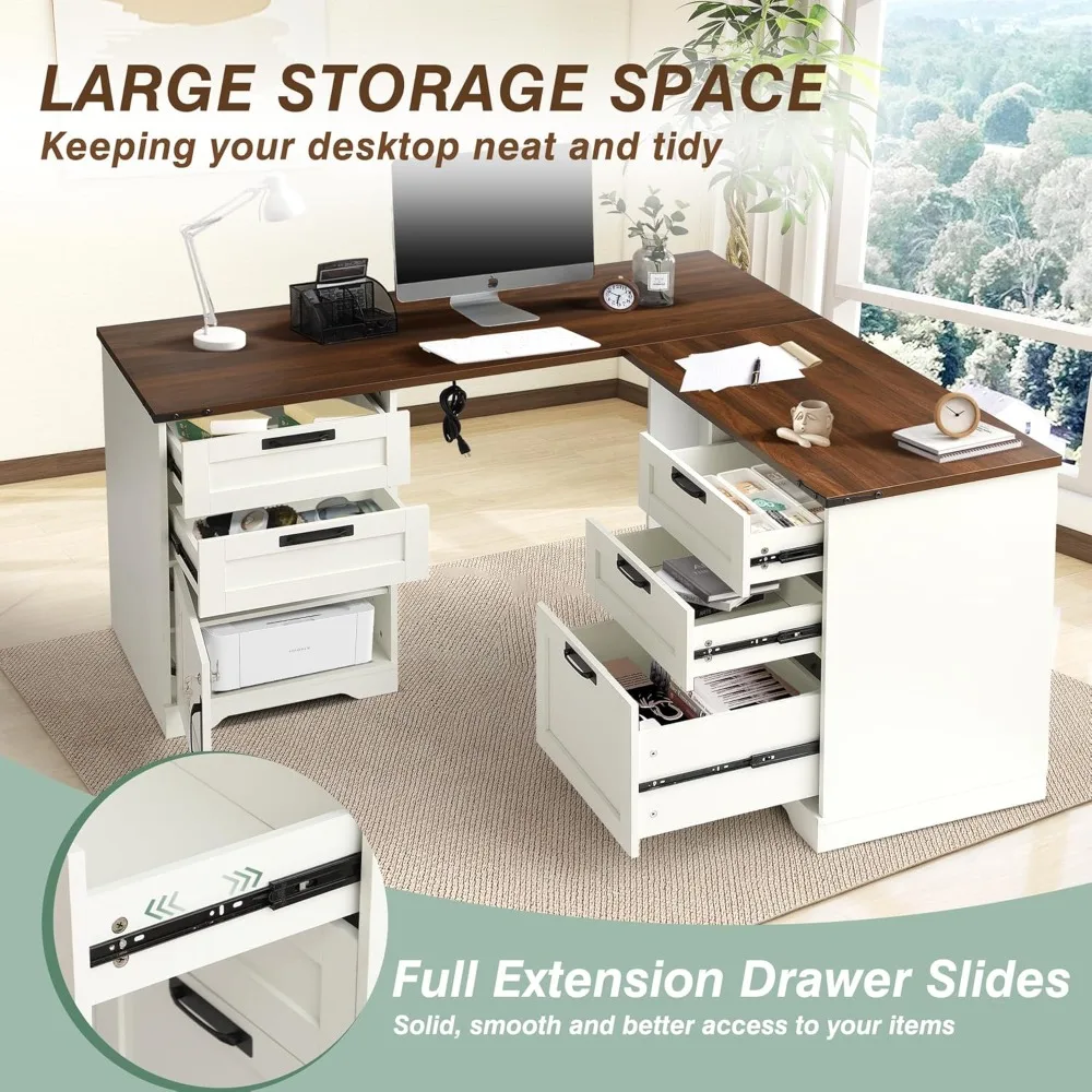 مكتب تنفيذي على شكل حرف L مقاس 60 بوصة من TITIMO مع أدراج، مكتب منزلي للمزرعة مع محطة شحن، مكتب كمبيوتر زاوية خشبية مع