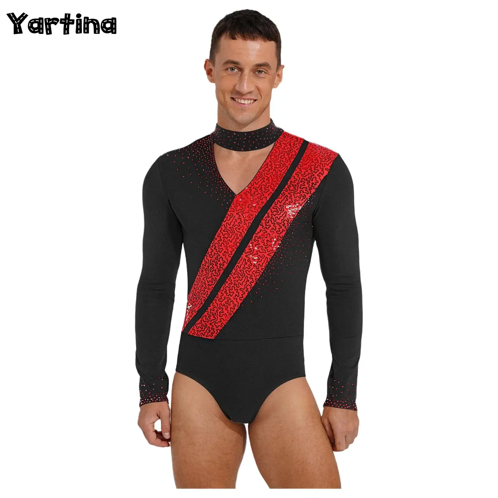 

Mens Gymnastics Figure Skating Ballet Latin Dance Leotard Bodysuit Shirts Glittery Sequins Long Sleeve Openable Crotch Jumpsuit