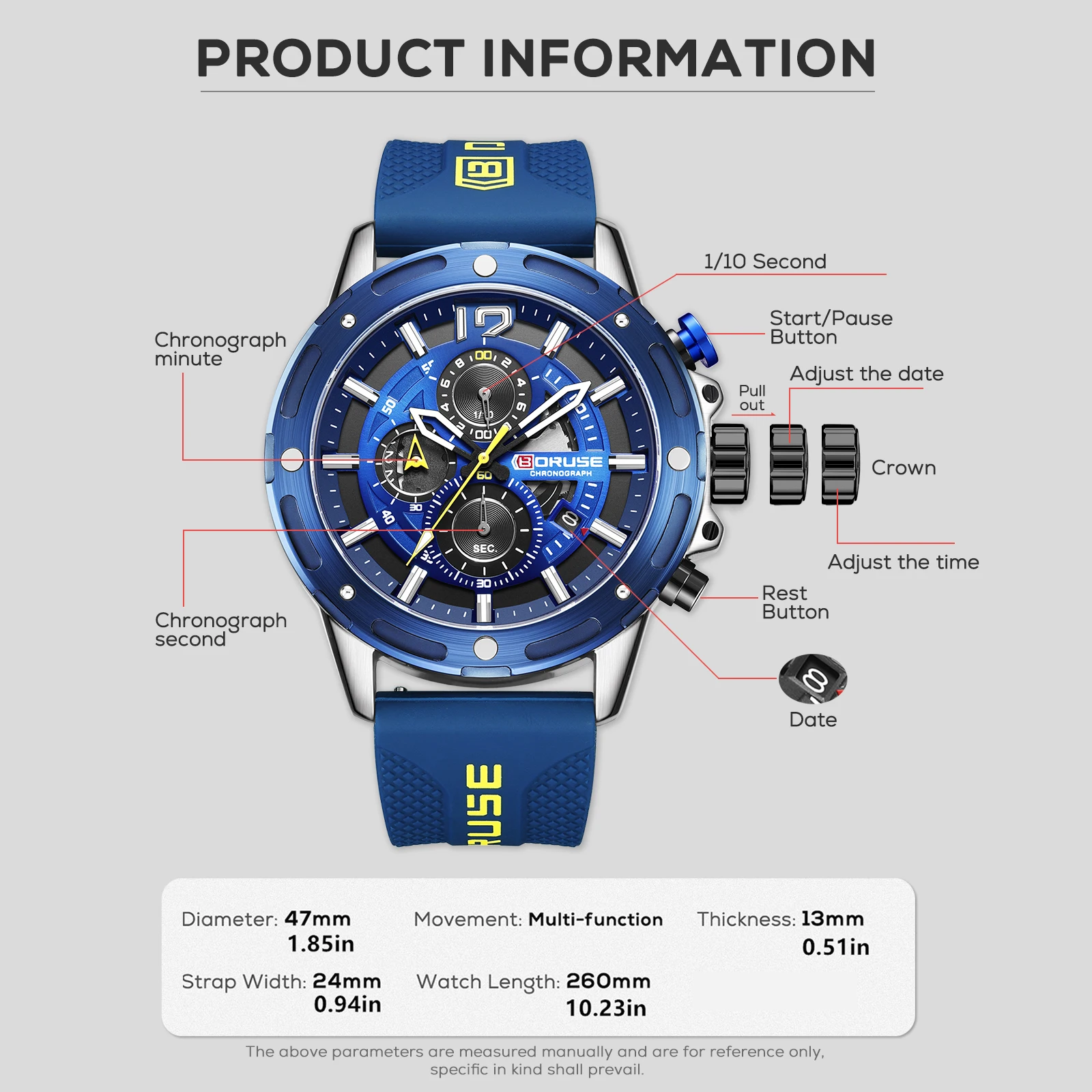 BORUSE Blue Watches for Men Chronograph Watches Male Silicone Quartz Wristwatch Sports Waterproof Luminous Watch