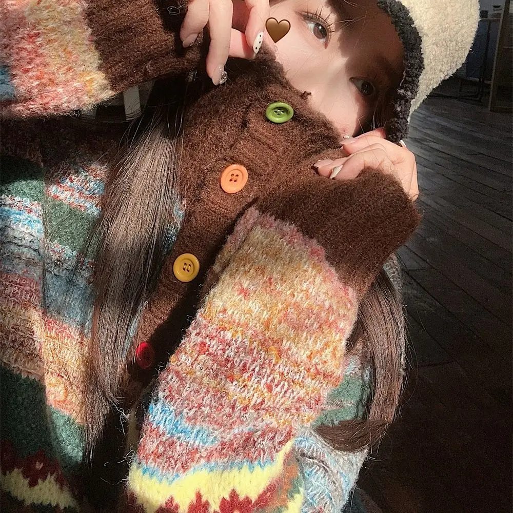 Long Sleeve Knit Sweater Women Loose Soft Sweet Girl's Pullover Retro Sweet Colorfult Crochet Knitwear Spring/Winter