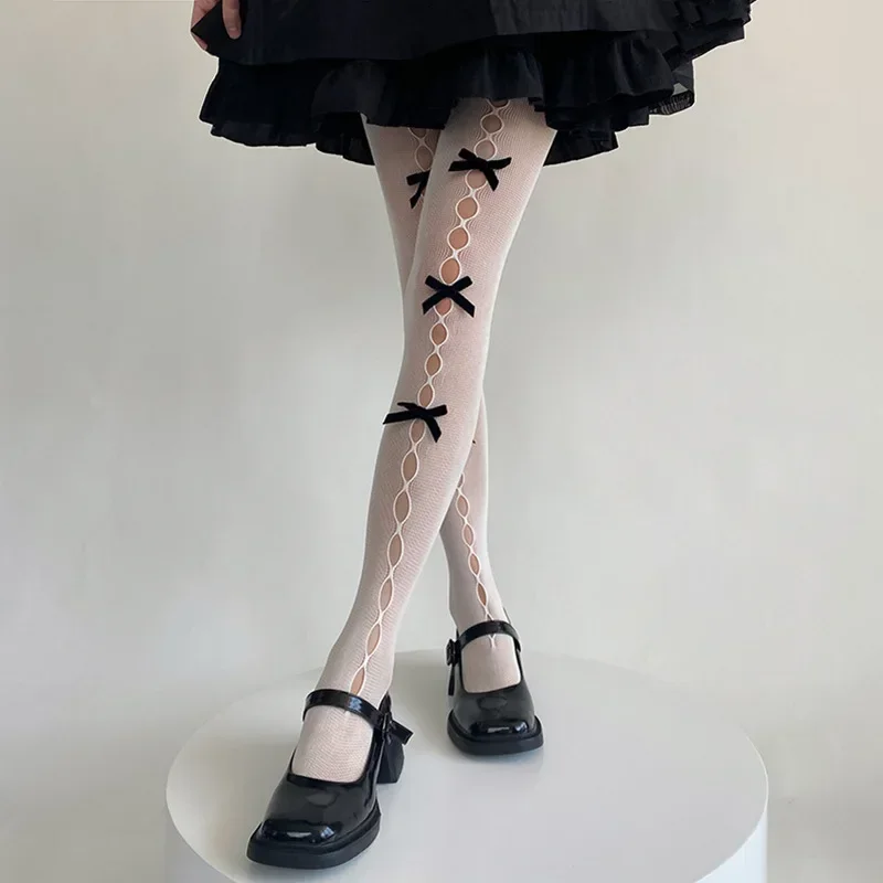 Lolita Cosplay Girls Bowknot Hollow Out Pantyhose Sexy Thin Ins Tide Lace Tights Anime Socks Black White Fishnet Silk Stockings