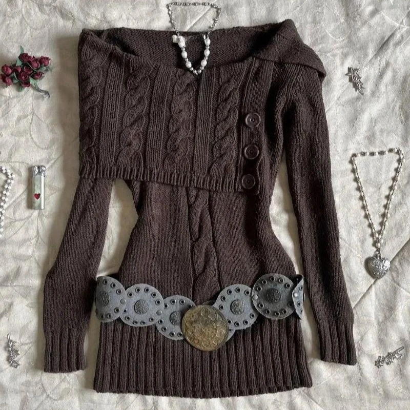 بلوزات غير مغطية للكتف متماسكة سترة عتيقة بني كم طويل سليم صالح تريكو البلوز الفرنسية الرجعية Y2k الخريف الشتاء وتتسابق 2025 #2