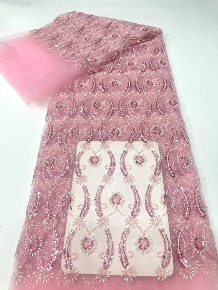

High Quality Beads African Nigerian Tulle Lace Fabric Embroidery Sequins French Fabric for Party/Wedding Dresses 5 Yards