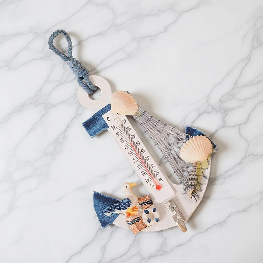 

2Pcs Anchor Wall Hook with Thermometer for Hanging Ornaments Coastal Style Shell Net Design Ideal for Indoor Outdoor Decoration